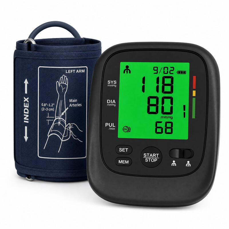 Treesmile FC-BP102 bovenarmbloeddrukmeter, automatische digitale bloeddrukmachine, groot LCD-display, 22-42 cm brede manchet, WHO kleurgecodeerde balk, 2 x 120 geheugenreeksen, voor thuisgebruik & senioren