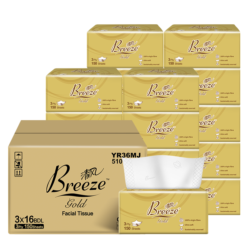 Breeze Gold Gezichtstissues, 3-laags, 7200 Vellen (48 Pakken van 150 Vellen), Zacht & Huidvriendelijk, Sterk Nat, Voor Woonkamer, Eettafel, Slaapkamer en Kantoor, Familie Grootverpakking