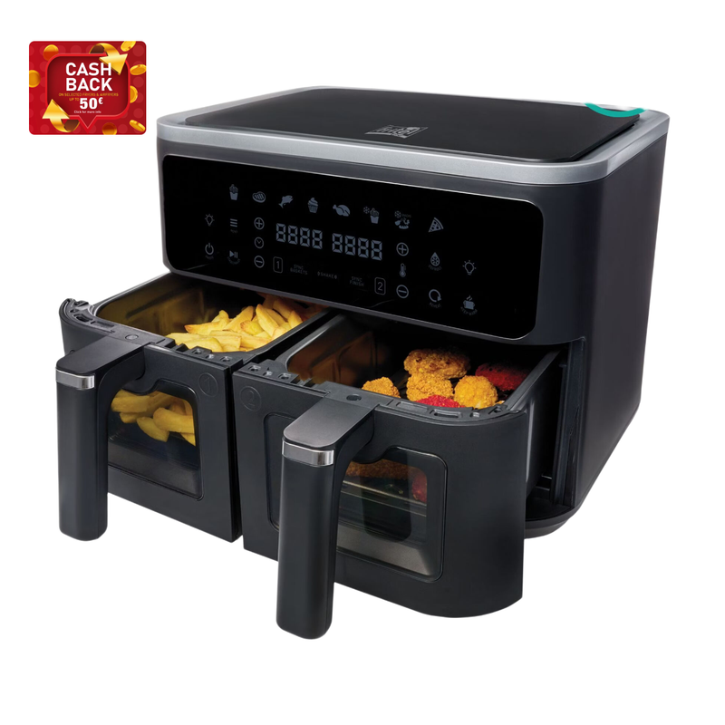 Fritel Airfryer SnackTastic® 8480 DUO - Dubbele Airfryer - 2x 4,5 L - 2x 1350 g - 2400 W - 8 Programma’s - Voor 2 tot 9 Personen - Digitaal Touchscreen - Kijkvenster - PFAS-vrij