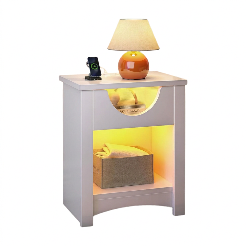 Bestier Nachttisch mit Schublade USB-Ladeanschluss LED-Beleuchtung Wolkenweiß minimalistischer moderner Beistelltisch Holzbeine 48 × 30 × 60 cm