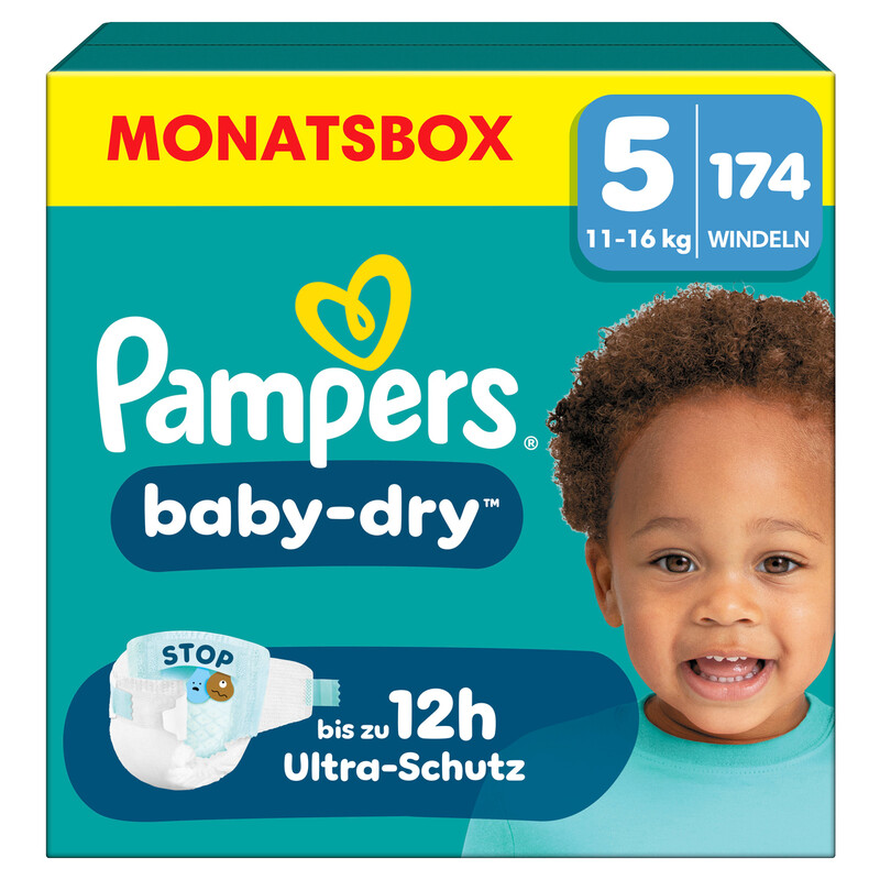 Pampers Baby-Dry Größe 5, 174 Windeln, 11Kg-16Kg, Bis Zu 100% Auslaufschutz & Komfort Die Ganze Nacht