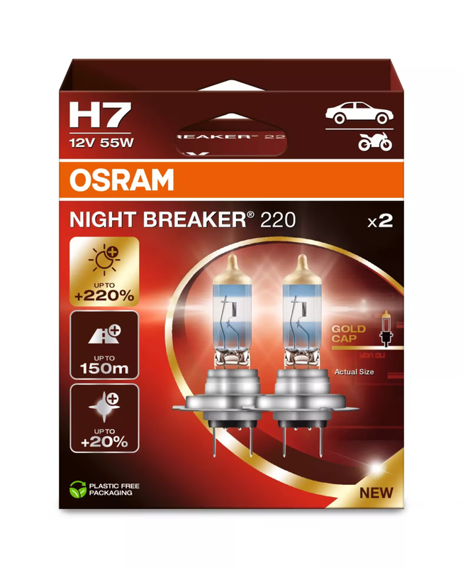 OSRAM NIGHT BREAKER 220, H7, +220% meer licht, halogeen koplamp, 64210NB220-2HB, 2 lampen