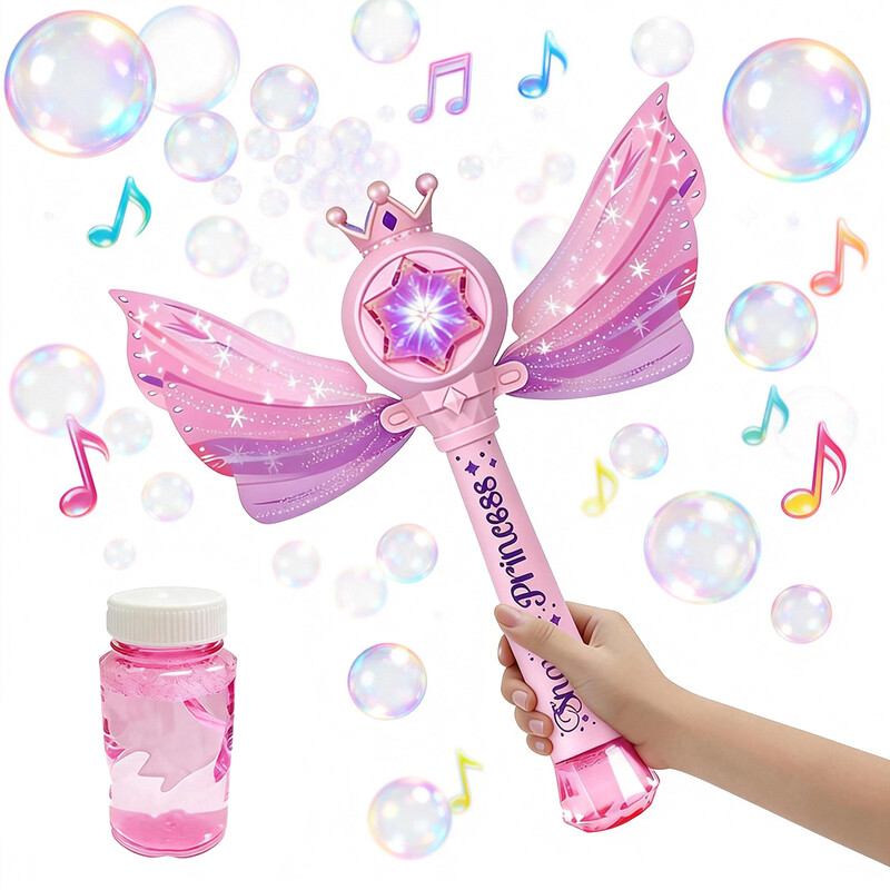 Princess Zauberstab Seifenblasenmaschine Spielzeug, Automatischer Seifenblasenstab mit LED-Licht Musik & Flügeln Krone, Rosa Feen Seifenblasenmaker