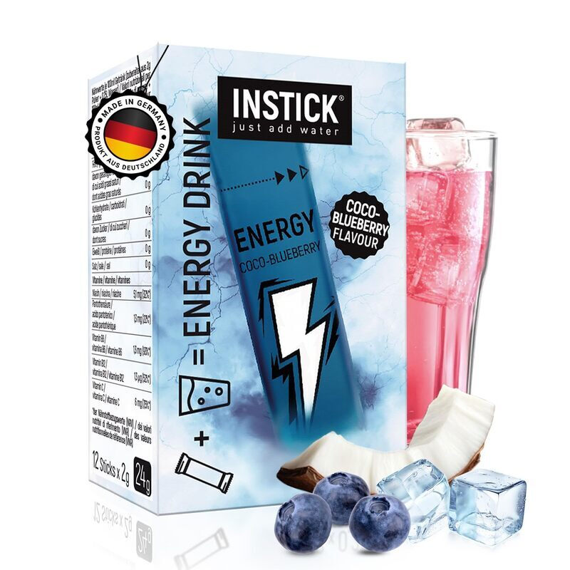 INSTICK Zuckerfreier Energydrink (Coco-Blueberry) - Kalorienarmes Energy Getränk mit Koffein & Vitaminen - Instant-Pulver für 12 x 0,25 L