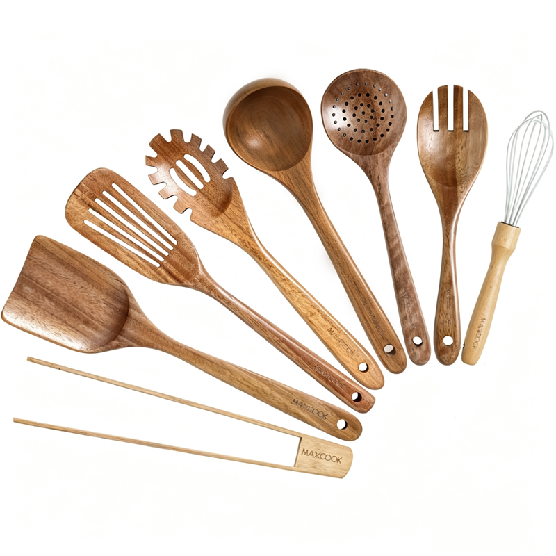Maxcook 8-Piece Teak Kitchen Utensil Set, Includes Soup Ladle, Turner, Whisk, Food Tongs, Skimmer And Slotted Turner, Mccu2358