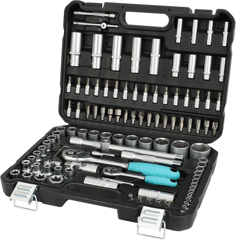108-delige Dopsleutelset met Ratels & S2-Bits Quick Release Ratsel, Draagkoffer, Cr-V Dopsleutels, S2-Bits, Universele Scharnieren, Verlengstangen