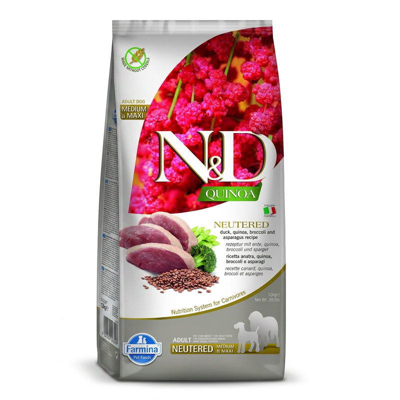 Farmina Hundefutter mit Quinoa-Rezeptur für ausgewachsene Hunde (Mittelgroße/große Hunde) (geeignet für Kastrierte/sterilisierte Hunde, Ente, Brokkoli und Spargel) 12 kg