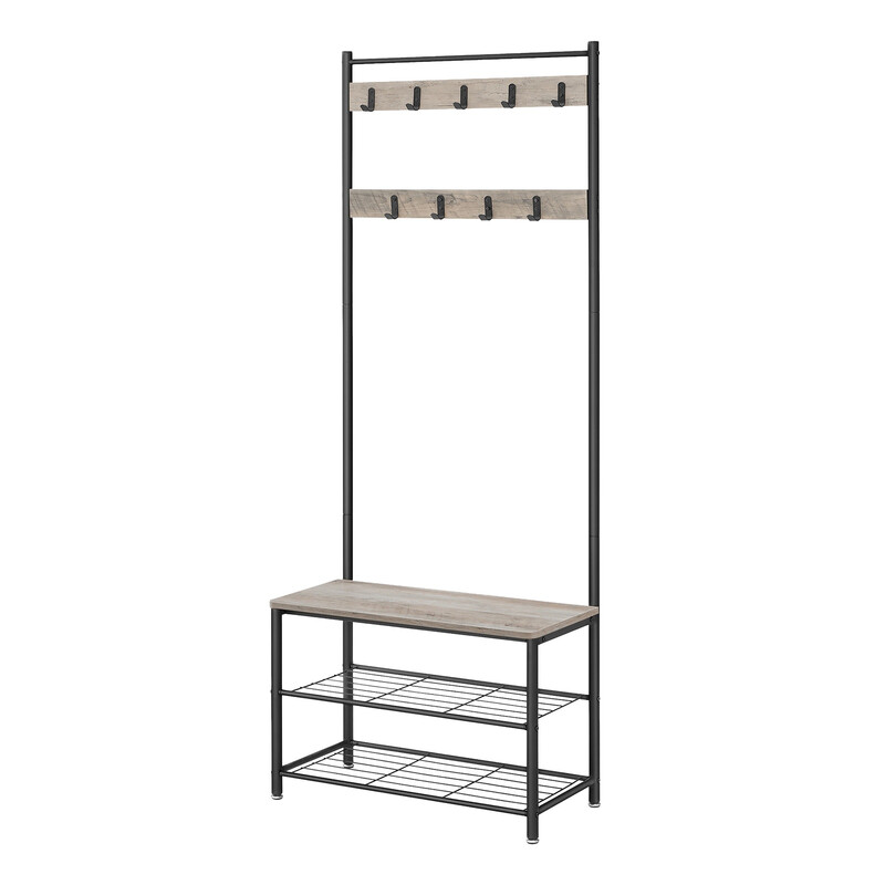 Ochama Kapstok, Halboom met Schoenopbergbank, 32 x 70 x 177 cm, Industrieel, Greige en Zwart