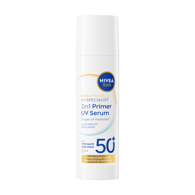 NIVEA SUN UV Face 2-in-1 Primer Makeup Serum – Zonnebrand Gezicht SPF 50+ - Gezichtsserum met Hyaluronzuur - Zonder Parfum – 30 ml