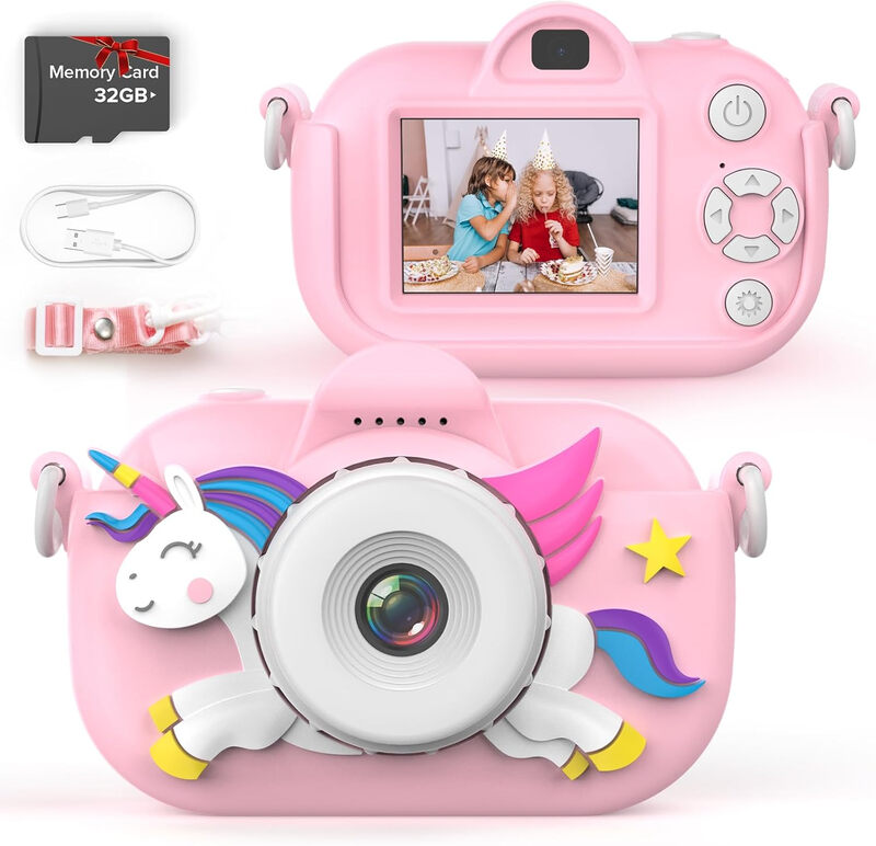 Kids Camera with Cartoon-Printed Soft Case, Best Christmas/Birthday/Festival Gift for