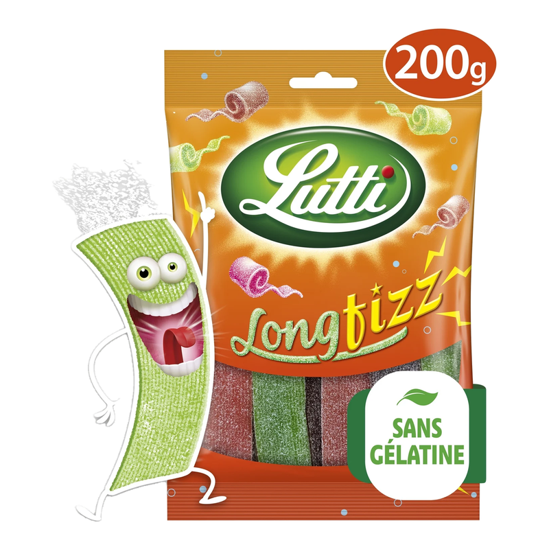 Bonbons Long Fizz Lutti 109363 – Sachet de 200g, Goûts Fraise, Cola, Pomme, Pêche - vue 2