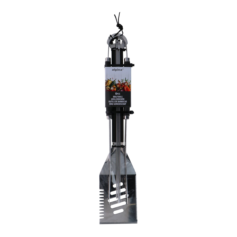 Alpina BBQ-gereedschapset – 6-delige barbecueset met spatel, BBQ-tang en vleesvork – Inclusief 4 spiesjes – Roestvrij staal – Ideaal voor het grillen van vlees en groenten