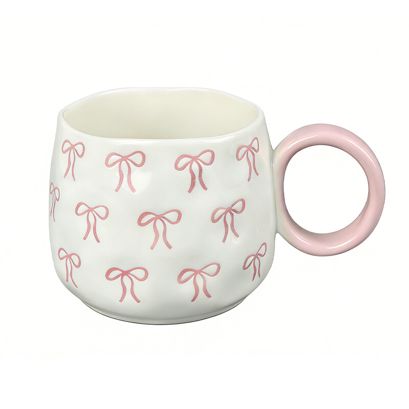 400ml Ceramic Mug with Pink Bow Pattern, Gift Box Included, Women’s Coffee Cup, Elega