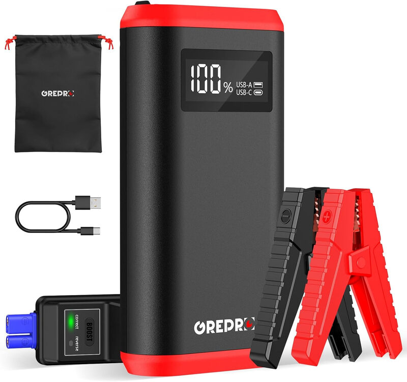 GREPRO 3000 A Jump Starter Power Pack, Noodstarthulp voor Autoaccu’s voor 12 V Voertuigen en Motorfietsen (tot 10,0 L Benzine/8,0 L Diesel) met LCD-scherm en LED-zaklamp
