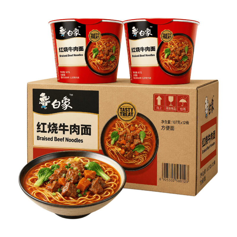 Bai Xiang Köstliche klassische Instantnudeln mit Geschmack nach geschmortem Rindfleisch, 12 Becher (ganzer Karton), 107 g * 12