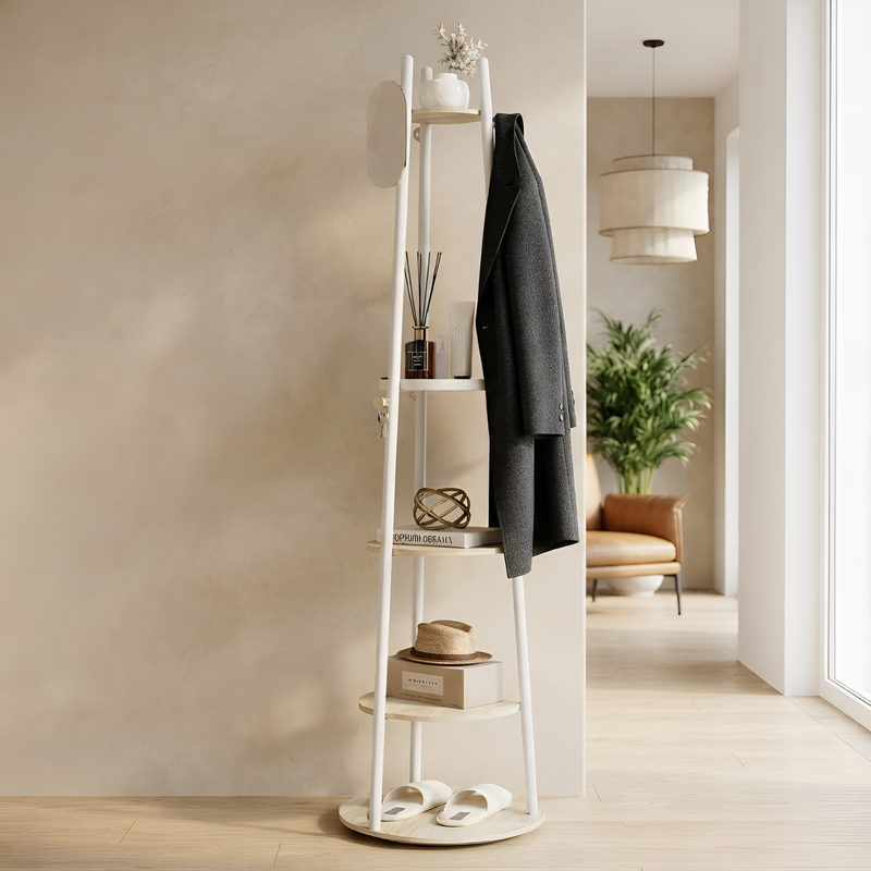 KAPANOU Drehbarer Stand-Kleiderständer mit Coat Tree, 6 Haken und 5 Ablagen für Eingangsbereich und Schlafzimmer (weiß), Neu-Jahr-Verkauf,