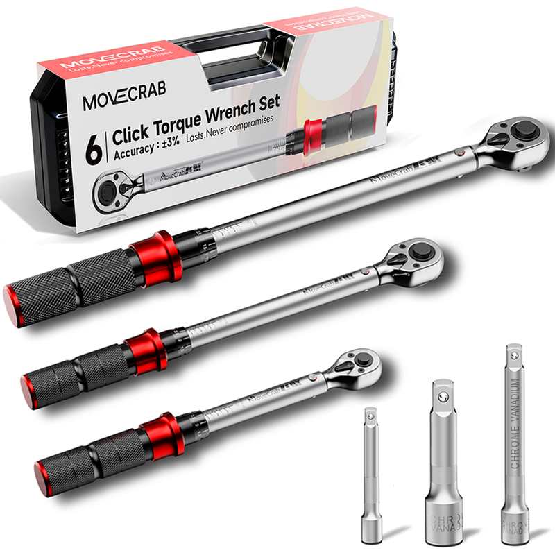 MoveCrab Mechanische momentsleutelset 6-delig 5-220 N.m met 3 verlengstukken voor fietsen, motorfietsen, auto's en industriële reparaties