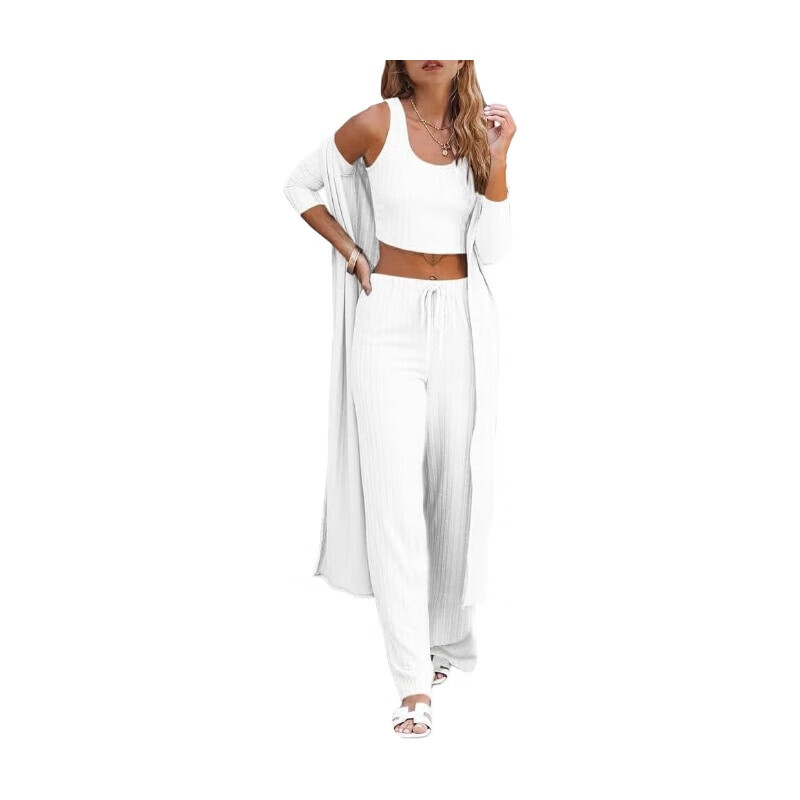 Women's 3 Piece Lounge Sets Pajamas Knit Long Sleeve Cardigan Crop Top Wide Leg Pants