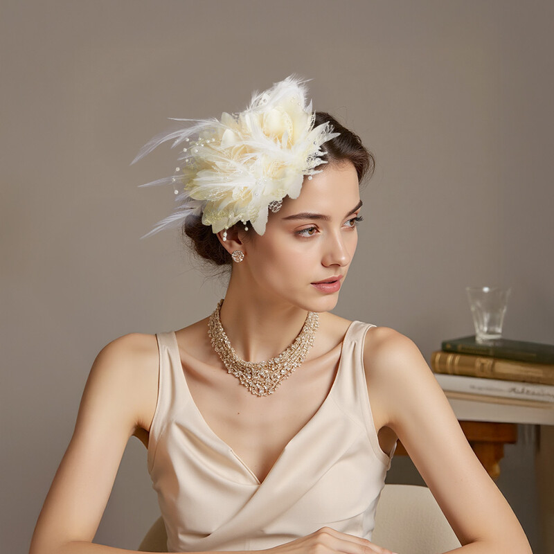 LIVINGANDHOME Decorative Feather Flower Fascinator Headband for Elegant Home Décor Accents and Ornament Displays