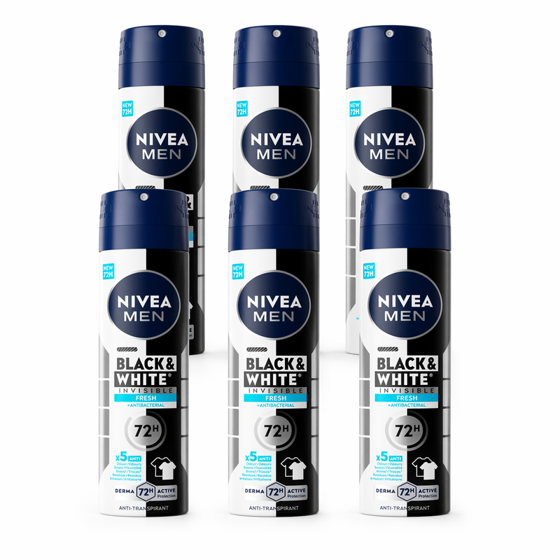 NIVEA MEN Invisible for Black & White Fresh Anti-Transpirant Spray - Deo Tegen witte en gele vlekken - 72 uur bescherming - Frisse geur – Alcoholvrij - 150 ml (6-Pack)