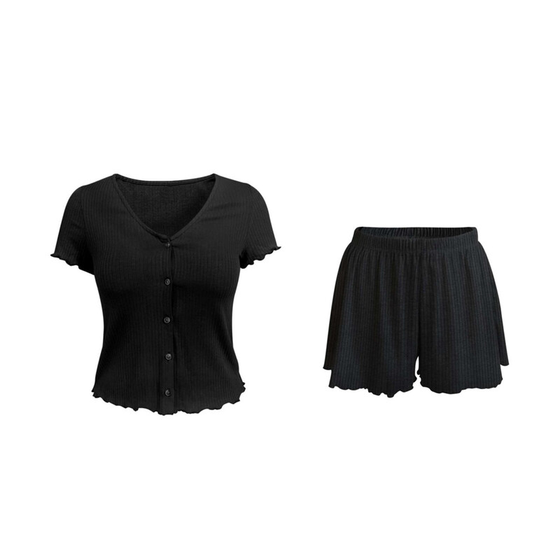 v-neck black short sleeved top and shorts set L