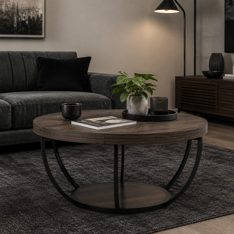 runder Couchtisch aus Holz, 2-stufiger zentraler Cocktailtisch mit Ablagen