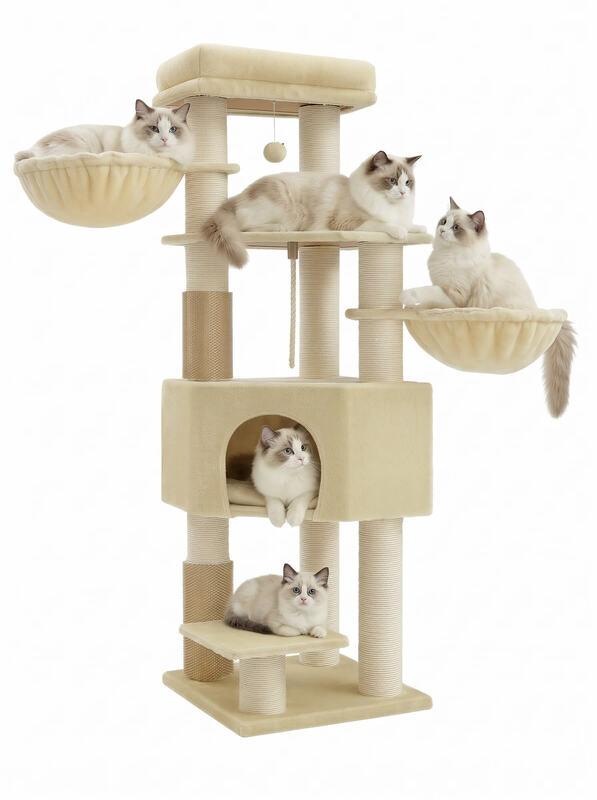 JOYFURNOS krabpaal voor grote katten, stevige kattentoren met zelfverwarmende kussens, 2 zelfborstels, 9 krabstammen, groot ligplatform, hol, manden, 50 x 50 x 160 cm, zandbeige en beige