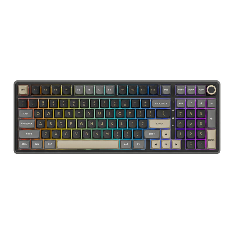 RK ROYAL KLUDGE R98 Pro mechanisch toetsenbord met kabel, gamingtoetsenbord met RGB-achtergrondverlichting, numeriek toetsenblok en volumeknop, pakkingbevestiging, PBT-toetsdoppen met MDA-profiel, zonder solderen verwisselbaar, fantoomkleur, beige schakel