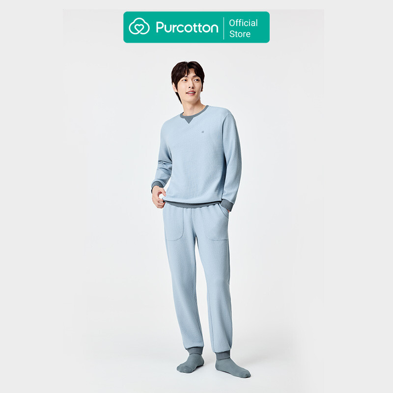 Men's Waffle Knit Loungewear Set, Aurora Blue, Top: UK 38 (M); Bottom: UK 33 (M)