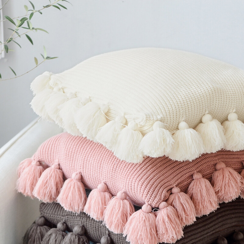 , Acrylic Knit/Fringed Cushion Cover, 50x50cm, white, 1pack