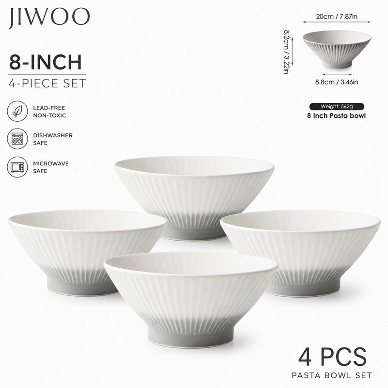 JIWOO Collins Value Familien-4er-Set, 8 Zoll elegante Ramen-Keramikschalen – Weiße Schalen mit grauen Füßen