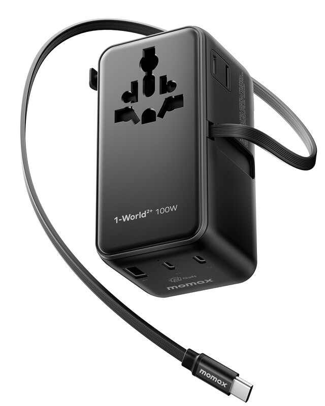 MOMAX 1-World²+ 100W GaN Universal Travel Adapter with Dual AC Outlets & Built-in Charging Cable
