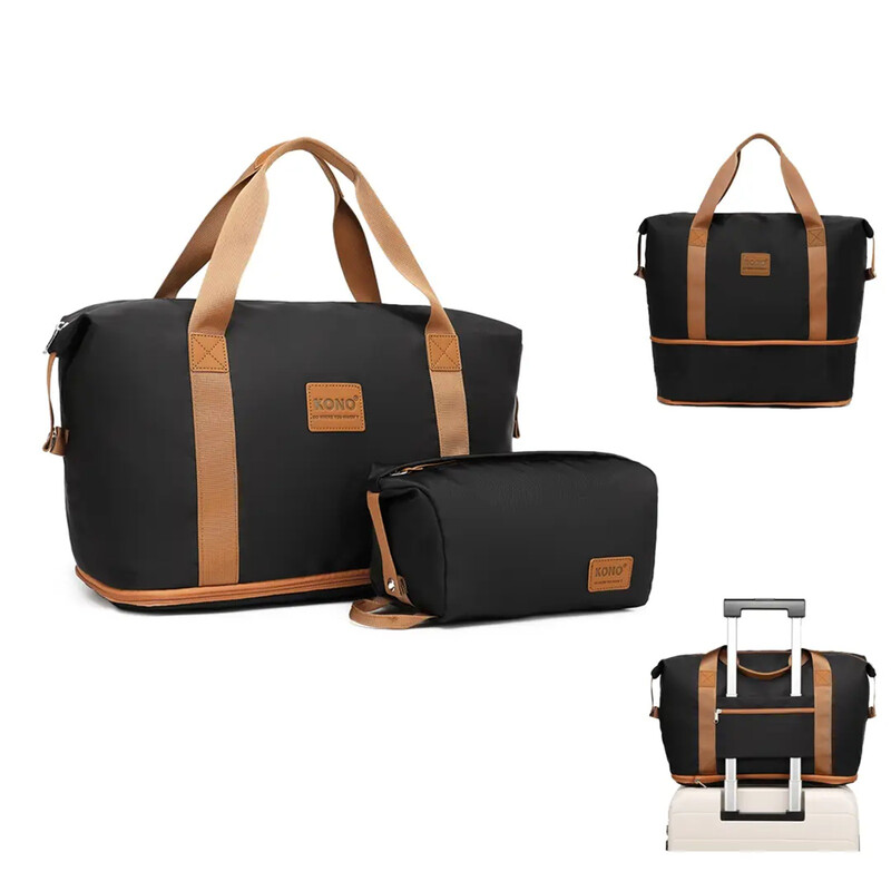 KONO Uitbreidbare reistas 36 L met make-uptas, droog/nat compartiment waterbestendig gym overnachting weekend handbagage voor vrouwen mannen (zwart/bruin)