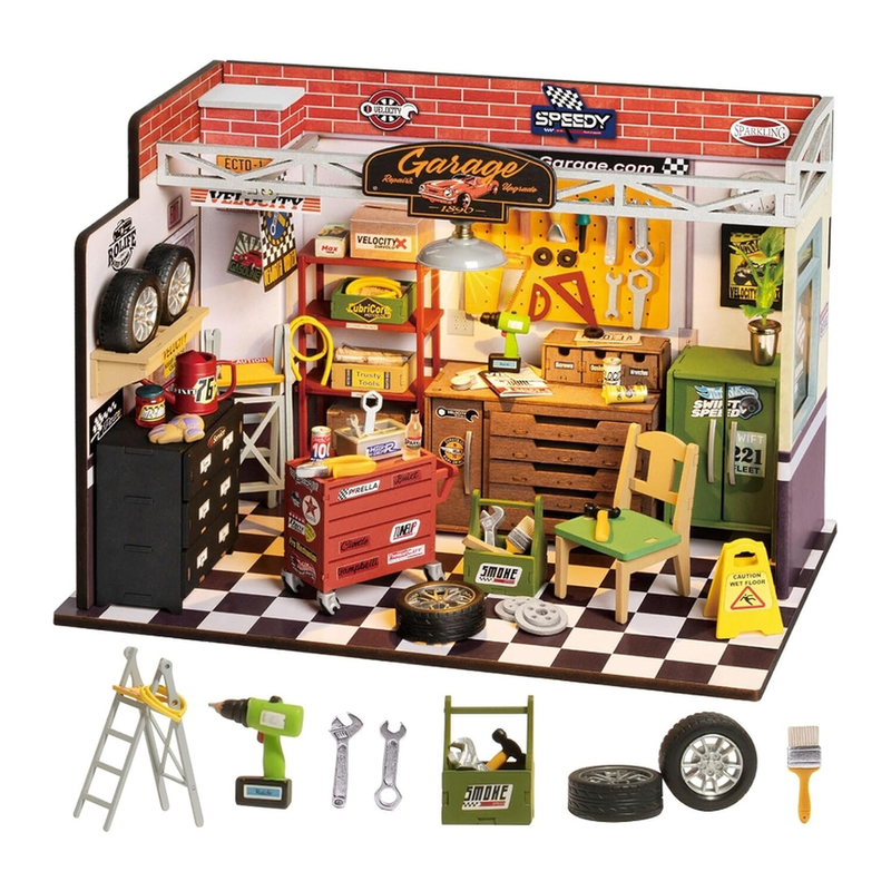 Robotime Rolife Garage Workshop DIY Poppenhuis Set 24 x 14,9 x 17,1 cm 1 Stuk, Woondecoratie, Boekenplankdecoratie, Knutselcadeaus voor Volwassenen en Tieners, Educatief Speelgoed