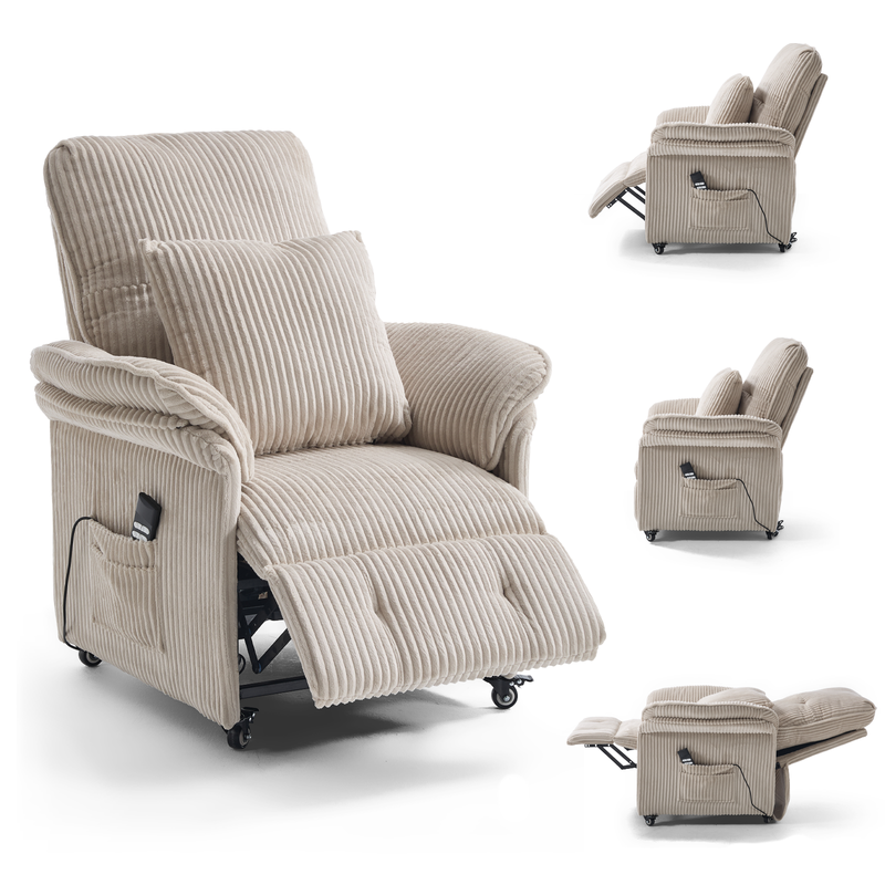 KAUFHOF Elektrische relaxfauteuil met 2 motoren, beige corduroy | Elektrische relaxfauteuil met onafhankelijk verstelbare rugleuning & voetensteun, 95°–175° kantelbaar, vergrendelbare wielen & 2 zijvakken