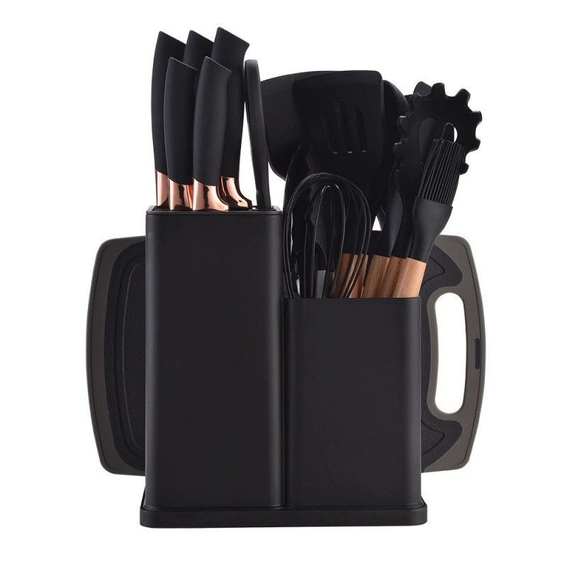 19-Piece Premium Knife Block Set With Silicone Utensils Kitchen Tool Set Black
