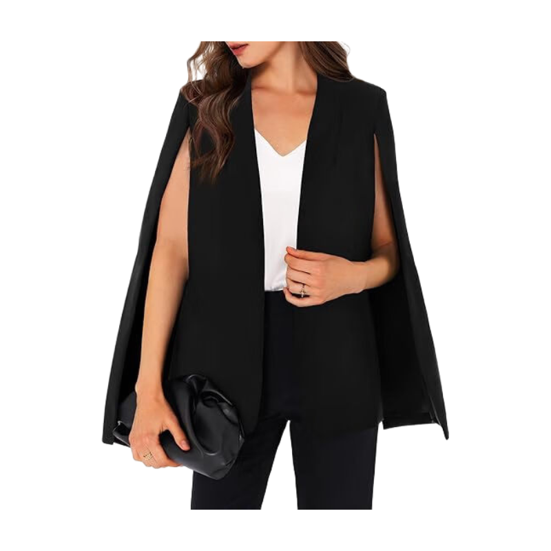 Women's CAPE Blazer Split Sleeve Open Front Lightweight Office Jacket Workwear (black
