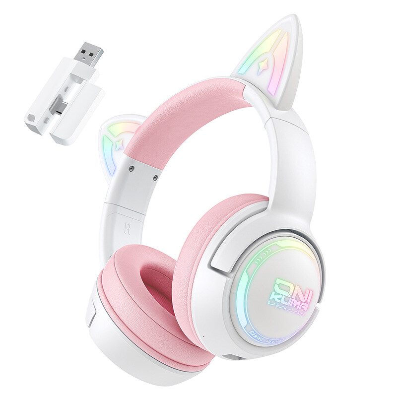 ONIKUMA GT838 Casque de jeu tri-mode avec oreilles de chat et éclairage RGB - Blanc / rose