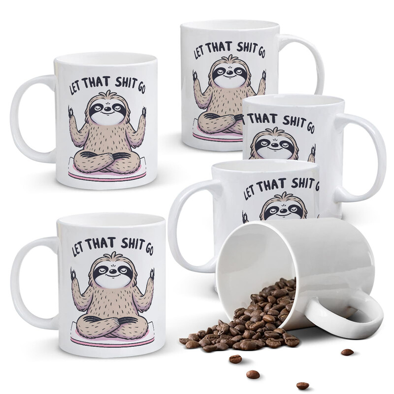 1pc 11oz White Mug with "LET THAT SHIT GO" Mindful Sloth Meditation Design, Zen Humor