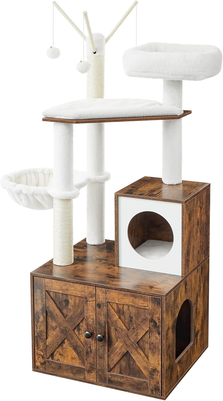 WoodyWonders with Litter Box Enclosure Cat Tree, 58×50×140cm, Rustic Brown