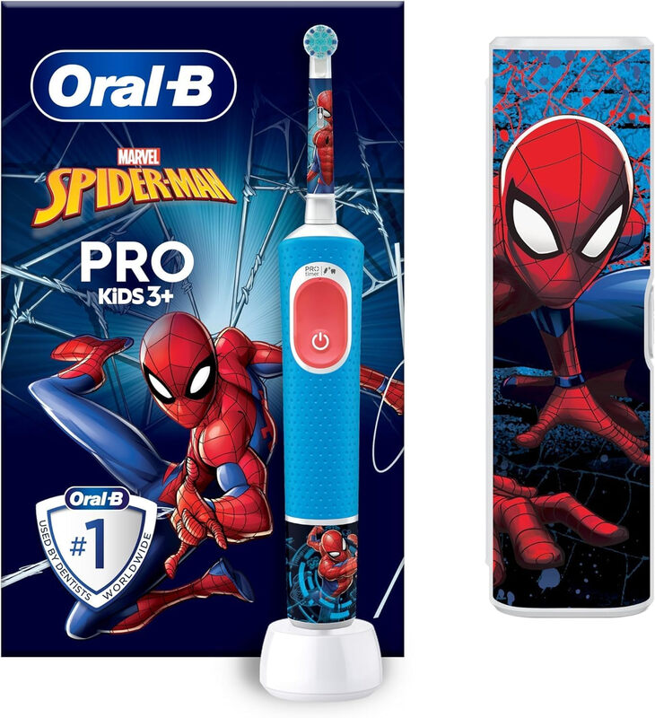 Oral-B Pro Kids Spiderman Elektrische Zahnbürste, für Kinder ab 3 Jahren, inklusive Sensitiv-Modus für Zahnpflege, extra weiche Borsten, 1 Bürstenkopf, 1 Reiseetui, 4 Sticker, Blau/Rot