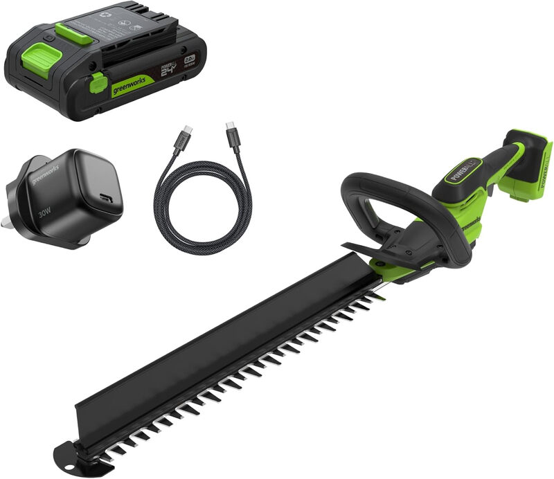 Greenworks 24V Cordless Hedge Trimmer Kit 51cm, Brushless Motor, 28mm Cutting Capacity, Dual Action Blade, 2.0Ah Battery & USB-C Charger Included, Hedge Sweeper HT2002A1