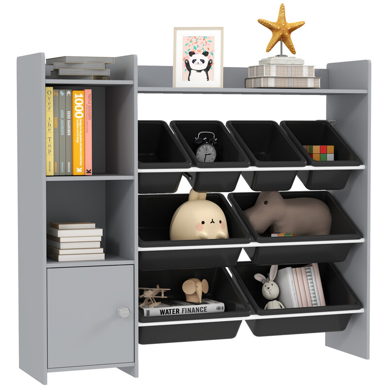 Aiyaplay Grey 311-091V80gy Toy Storage Unit, With 8 Removable Bins, Storage Shelves, Cabinet, Toy Organiser, For Playroom, Kids Room, Nursery,