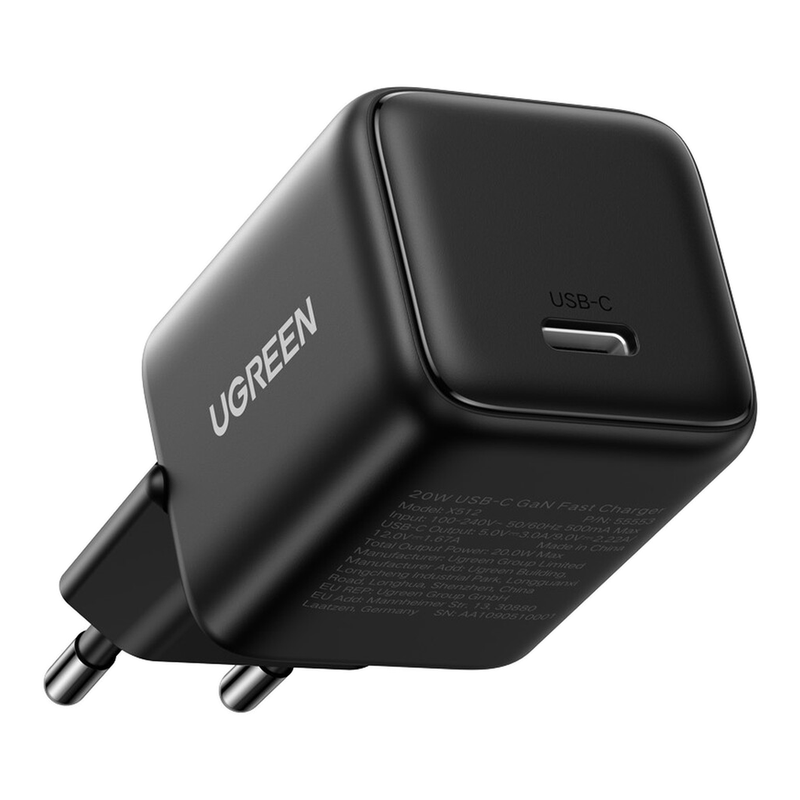 UGREEN X512 20 W GaN 1x USB-C wandlader - zwart compatibel met iPhone 17/16/15, iPad Pro, Pixel 9, Samsung Galaxy S24/S23, Tab A8/S8, enz.