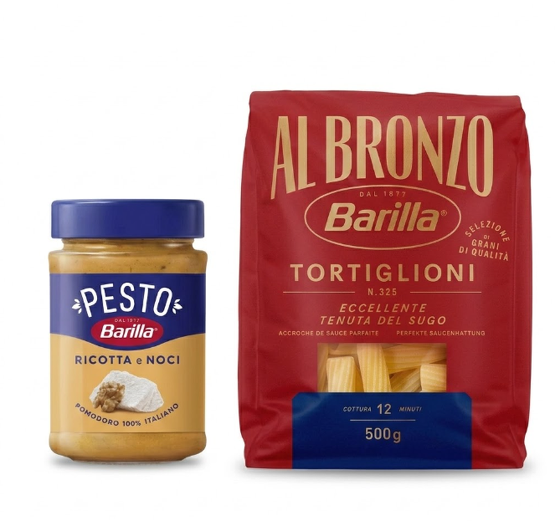 Barilla Al Bronzo Tortiglioni 500 g + Barilla Pesto mit Ricotta und Walnüssen 190 g