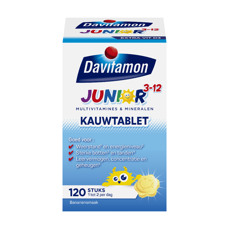 Davitamon Junior 3+ Multivitamines – contribue au fonctionnement du système immunitaire et au maintien d’une ossature normale – 120 comprimés à croquer à la banane