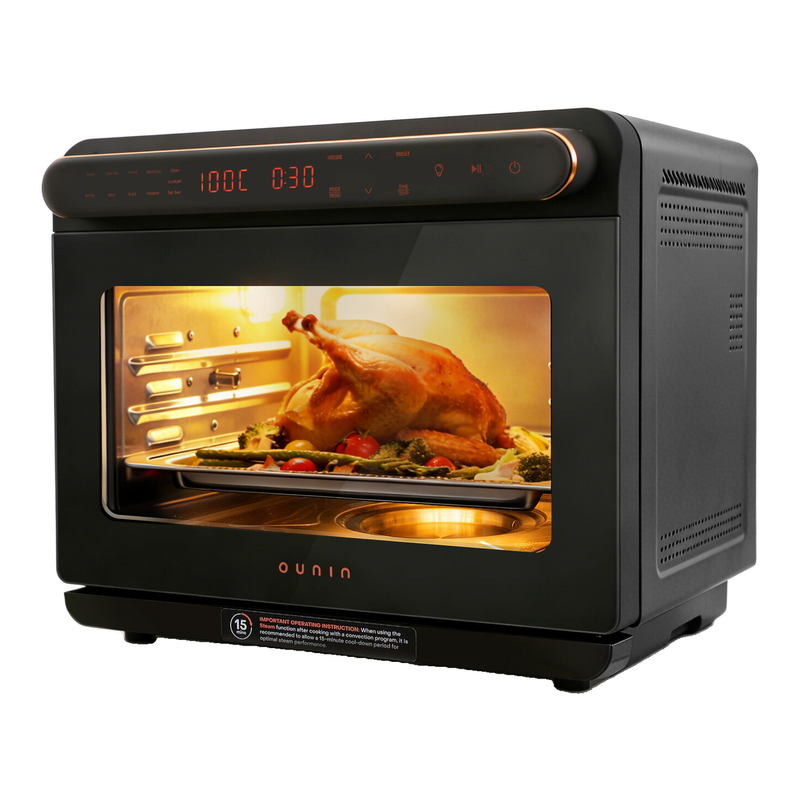 ounin 24 L Dampf-Kombi-Ofen, 10-in-1-Heißluftfritteusen-Ofen für die Arbeitsplatte mit Dampfbacken, Dampfbraten, Drehspieß, 1-Liter-Wassertank und Innenraum aus Edelstahl (Typ 304)