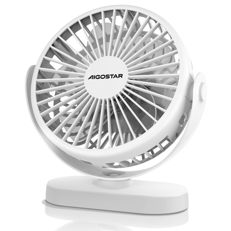 Aigostar Wiederaufladbarer USB-Tischventilator, 6-Zoll-Tischventilator mit 3 Geschwindigkeitsstufen, Automatische Oszillation, 1500 mAh Akku, Integriertes Nachtlicht, Leiser persönlicher Kühlventilator für Zuhause, Büro, Schlafzimmer und Reisen, Weiß