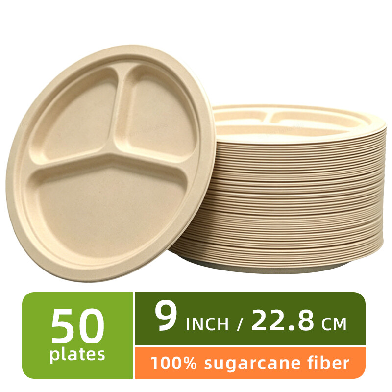 Bamboe-eetstokjes, 50 stuks, 23 cm, biologisch afbreekbaar, 3-vaks, bagasse, duurzaam, oliebestendig, partyservies voor cateren, feesten en foodservice
