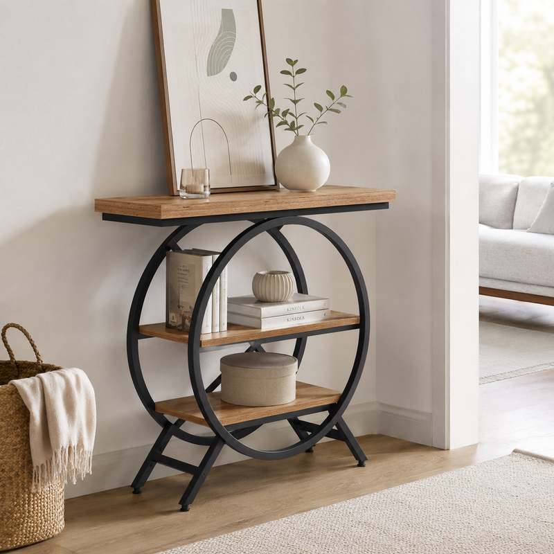 LANTINE Console Table, 100 cm, Thick Top Industrial Coffee Table, Side Tables with Geometric Metal Frame, for Living Room, Entrance, Rustic Brown